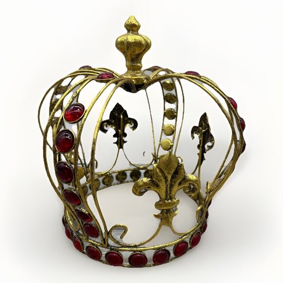 Gold Metal and Faux Ruby Crown - Fleur-de-Lis - Decor or Costume - 11" tall {XX} - Picture 1 of 10